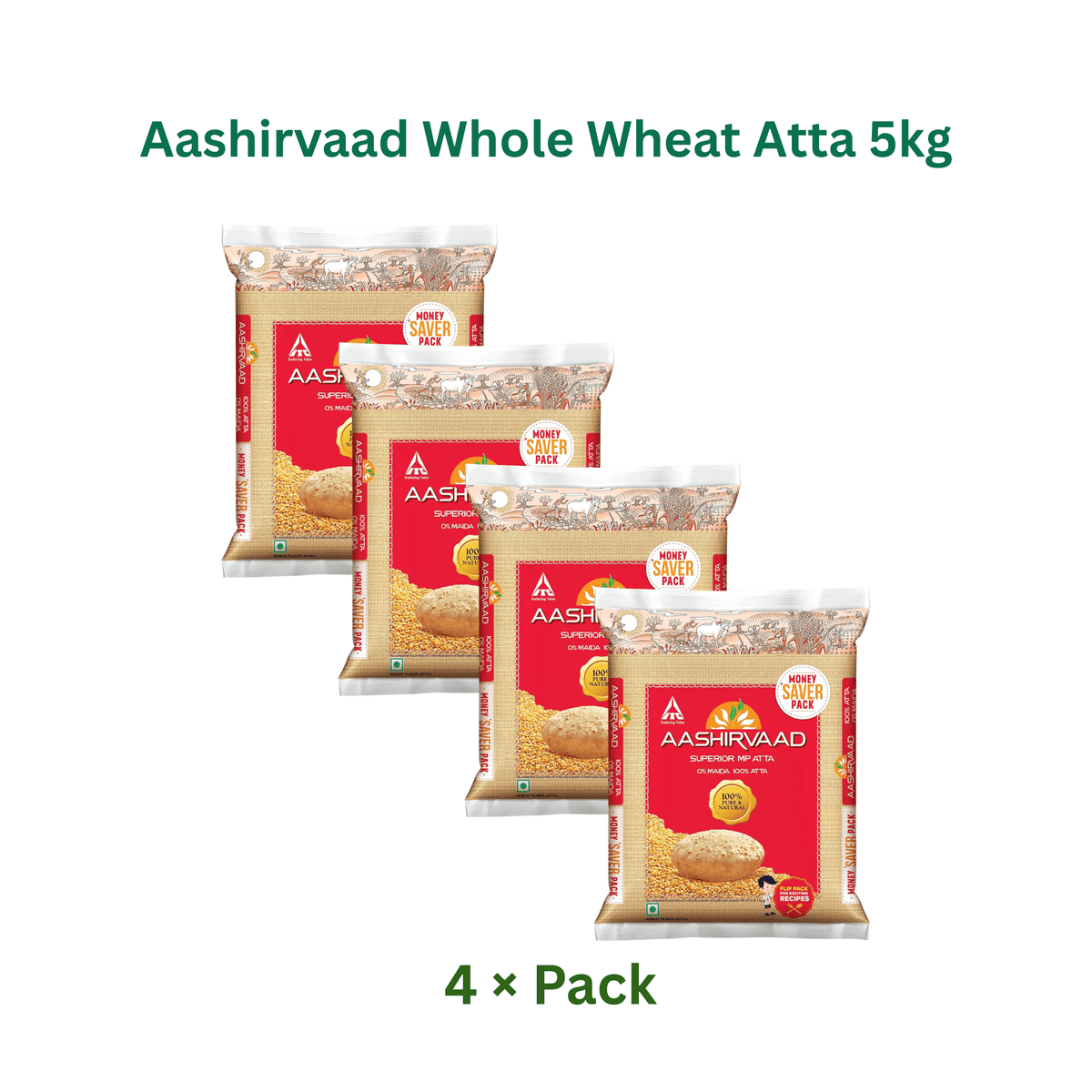 Aashirvaad 100% Whole Wheat Flour 5kg (Pack of 4)