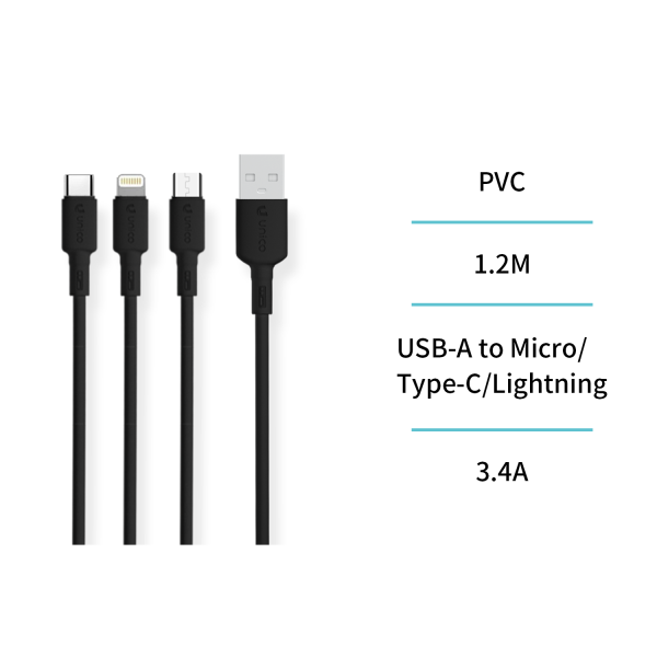 3 in 1 USB to Micro USB, Type-C and Lightning 1 Ca