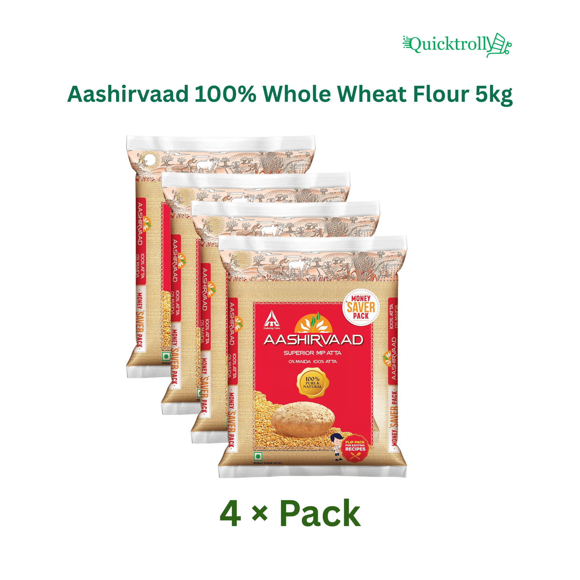 Aashirvaad 100% Whole Wheat Flour 5kg (Pack of 4)