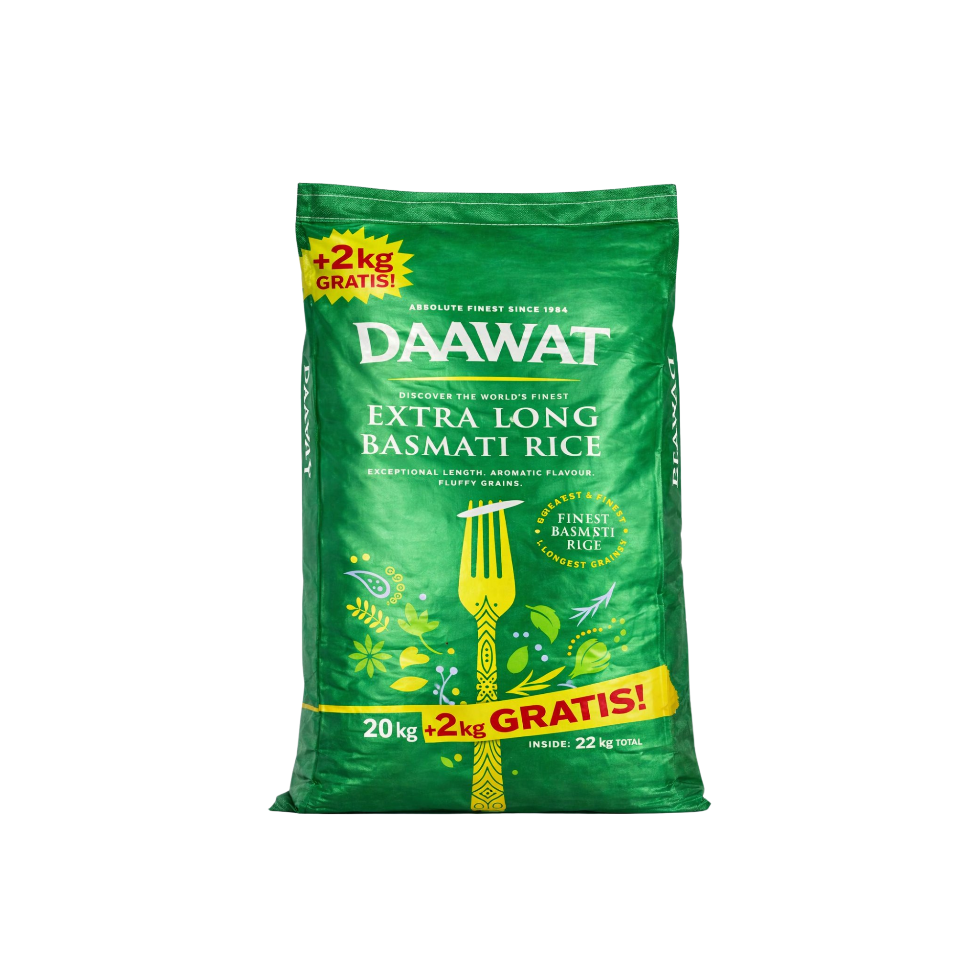 Daawat Basmati Extra Long Rice 20 Kg (Green Bag)+ 2kgs