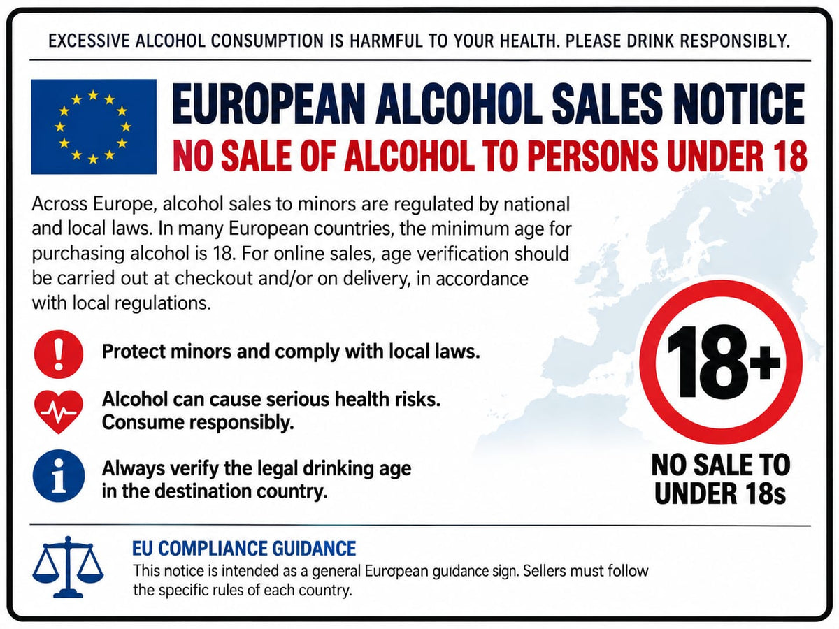 European alcohol sales notice – no sale of alcohol to persons under 18. Please drink responsibly.